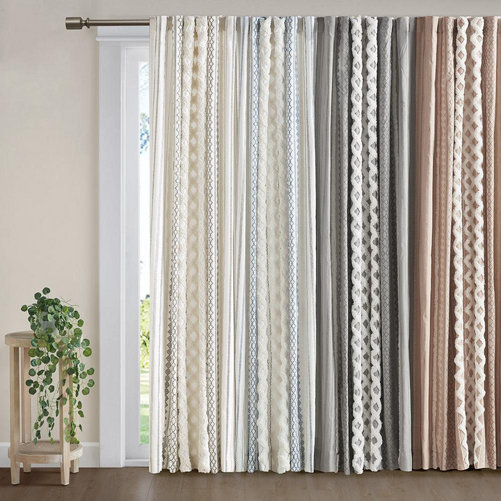 Boho Aesthetic Beige Imani Cotton Printed Curtain Panel with Chenille Stripe and Lining | Biophilic Design Airbnb Decor Furniture 