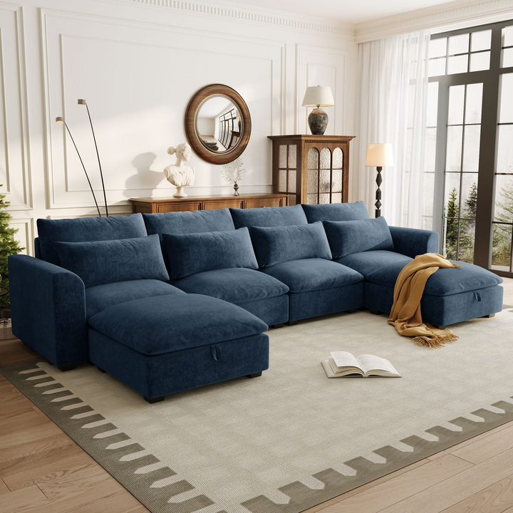 U-shaped Freely Transformable Modular Corner Sofa with Two Ottomans - Mediterranean Italian Contemporary Home Decor Furniture