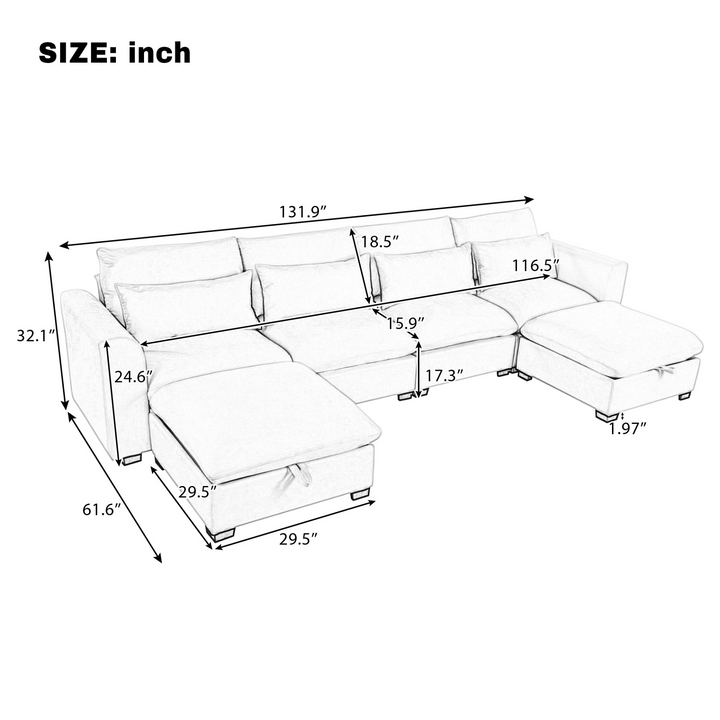 U-shaped Freely Transformable Modular Corner Sofa with Two Ottomans - Mediterranean Italian Contemporary Home Decor Furniture