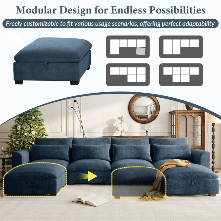 U-shaped Freely Transformable Modular Corner Sofa with Two Ottomans - Mediterranean Italian Contemporary Home Decor Furniture