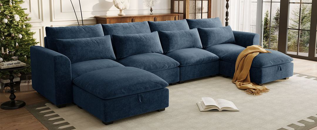 U-shaped Freely Transformable Modular Corner Sofa with Two Ottomans - Mediterranean Italian Contemporary Home Decor Furniture