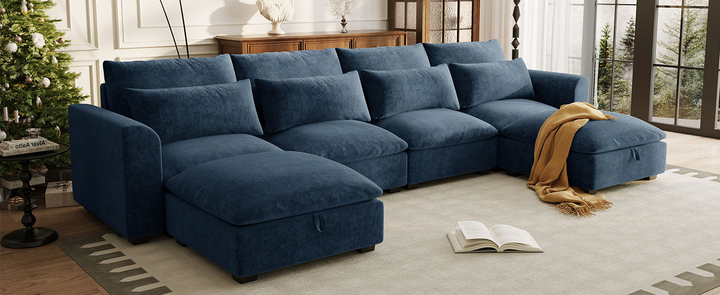 U-shaped Freely Transformable Modular Corner Sofa with Two Ottomans - Mediterranean Italian Contemporary Home Decor Furniture