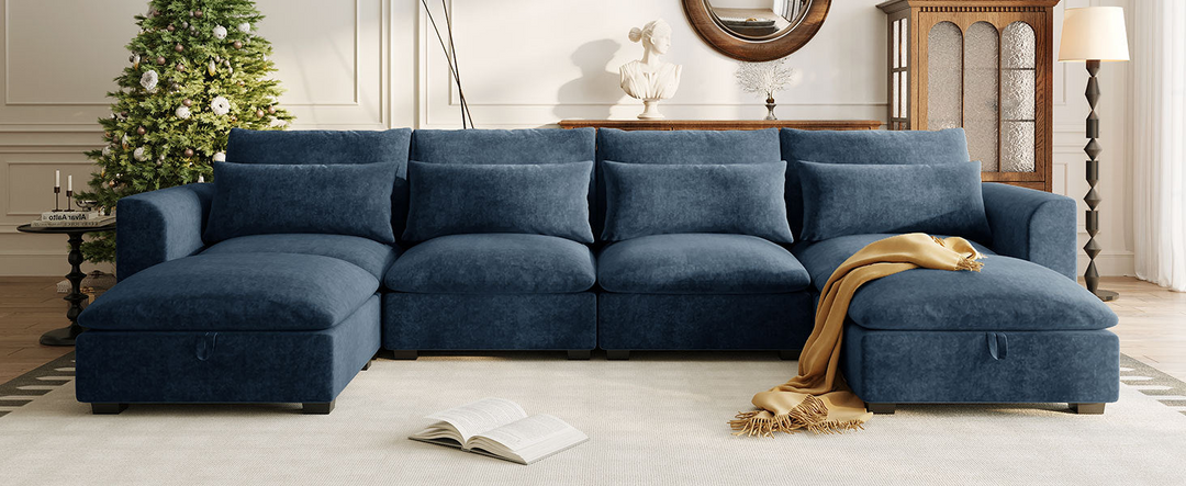 U-shaped Freely Transformable Modular Corner Sofa with Two Ottomans - Mediterranean Italian Contemporary Home Decor Furniture