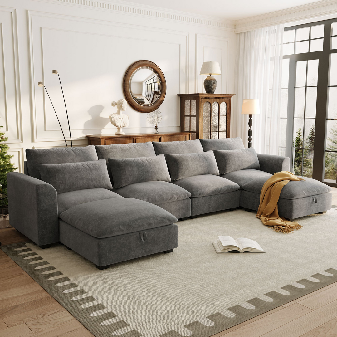 U-shaped Freely Transformable Modular Corner Sofa with Two Ottomans - Mediterranean Italian Contemporary Home Decor Furniture