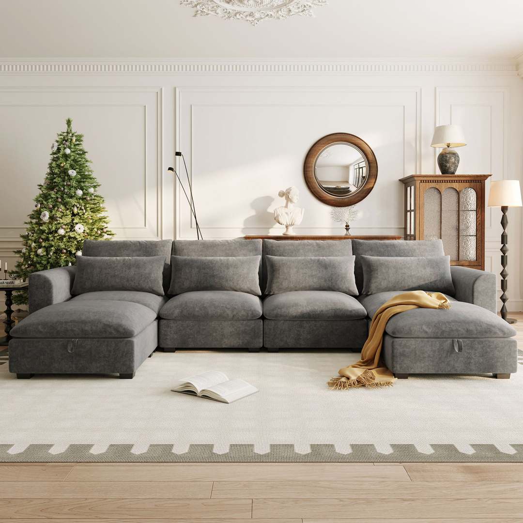U-shaped Freely Transformable Modular Corner Sofa with Two Ottomans - Mediterranean Italian Contemporary Home Decor Furniture
