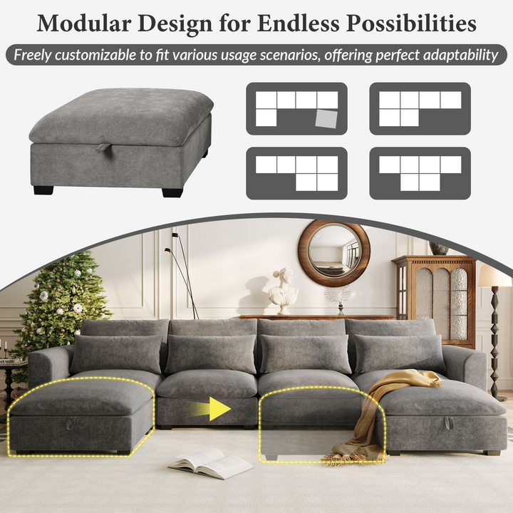 U-shaped Freely Transformable Modular Corner Sofa with Two Ottomans - Mediterranean Italian Contemporary Home Decor Furniture