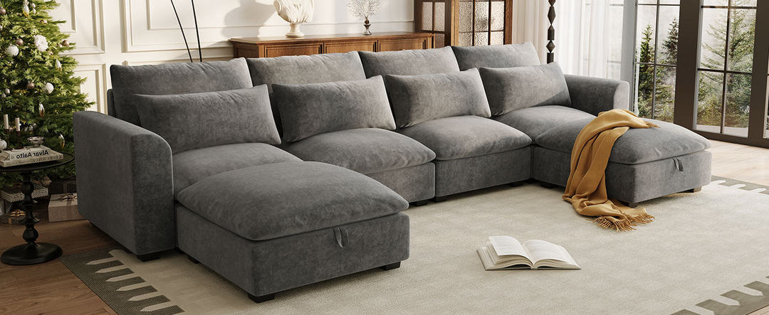 U-shaped Freely Transformable Modular Corner Sofa with Two Ottomans - Mediterranean Italian Contemporary Home Decor Furniture