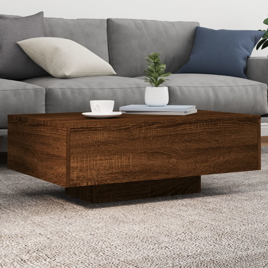 Boho Aesthetic Large Brown Oak Coffee Table with LED Lights | Biophilic Design Airbnb Decor Furniture 