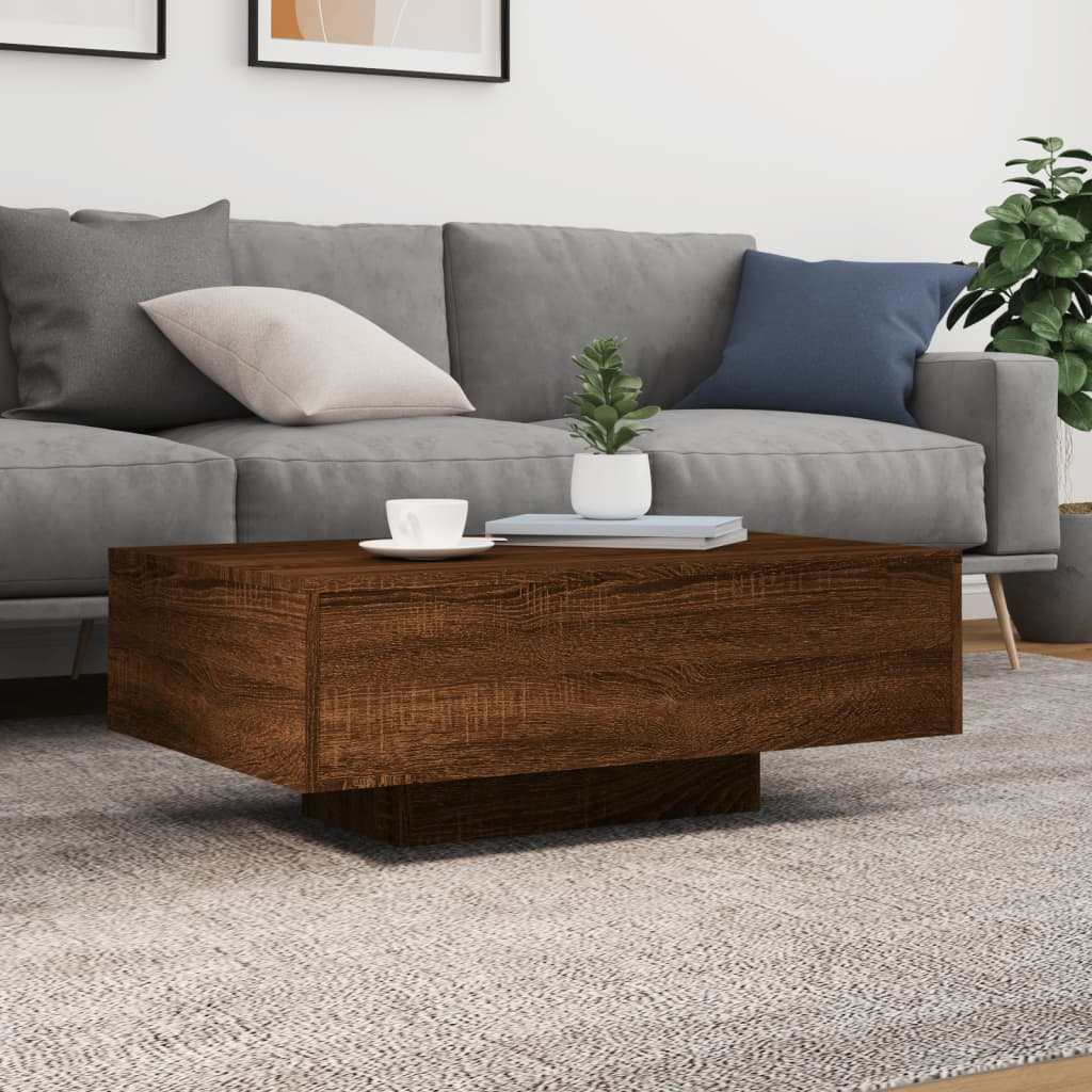 Boho Aesthetic Large Brown Oak Coffee Table with LED Lights | Biophilic Design Airbnb Decor Furniture 