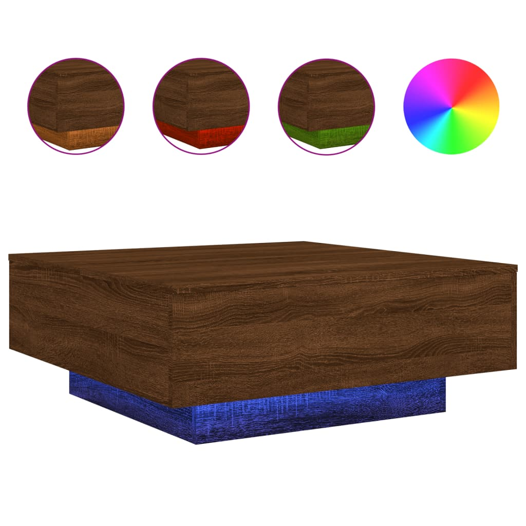 Boho Aesthetic Brown Oak Coffee Table with LED Lights | Biophilic Design Airbnb Decor Furniture 