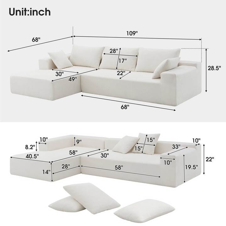 Boho Aesthetic La Amiens | Modular White Sectional Living Room Sofa Set, Modern Minimalist Style Couch, Upholstered Sleeper Sofa for Living Room, Bedroom | Biophilic Design Airbnb Decor Furniture 