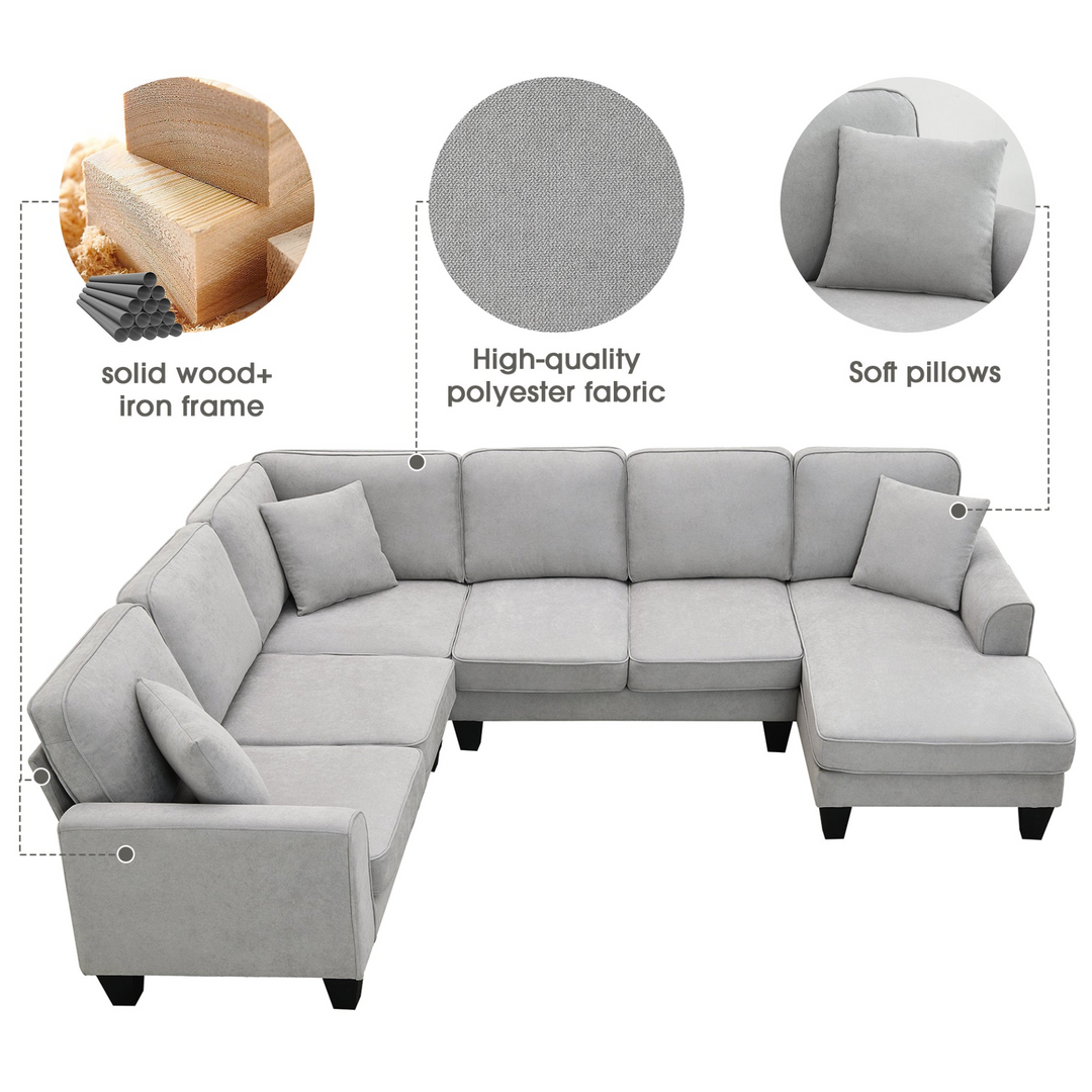 Boho Aesthetic 108*85.5" Modern U Shape Sectional Sofa, 7 Seat Fabric Sectional Sofa Set with 3 Pillows Included for Living Room, Apartment, Office,3 Colors | Biophilic Design Airbnb Decor Furniture 