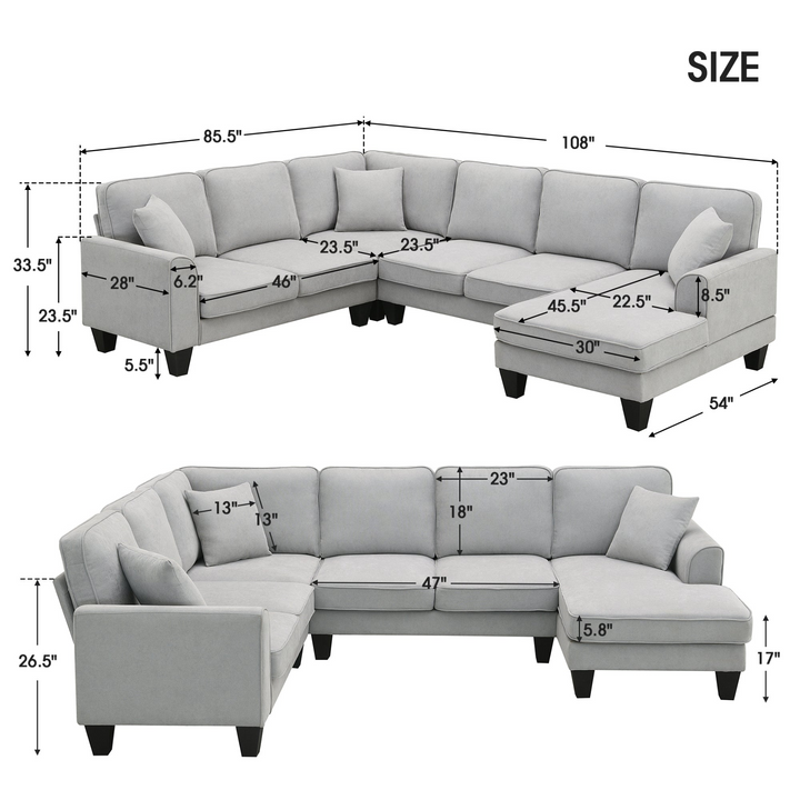 Boho Aesthetic 108*85.5" Modern U Shape Sectional Sofa, 7 Seat Fabric Sectional Sofa Set with 3 Pillows Included for Living Room, Apartment, Office,3 Colors | Biophilic Design Airbnb Decor Furniture 