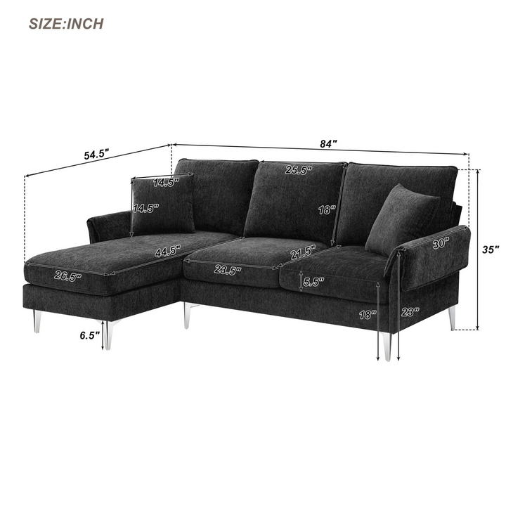 Boho Aesthetic Black Convertible Sectional Sofa, Modern Chenille L-Shaped Sofa Couch with Reversible Chaise Lounge | Biophilic Design Airbnb Decor Furniture 