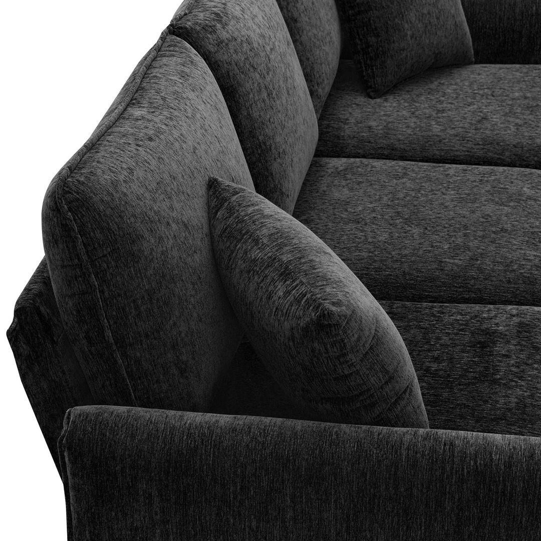 Boho Aesthetic Black Convertible Sectional Sofa, Modern Chenille L-Shaped Sofa Couch with Reversible Chaise Lounge | Biophilic Design Airbnb Decor Furniture 
