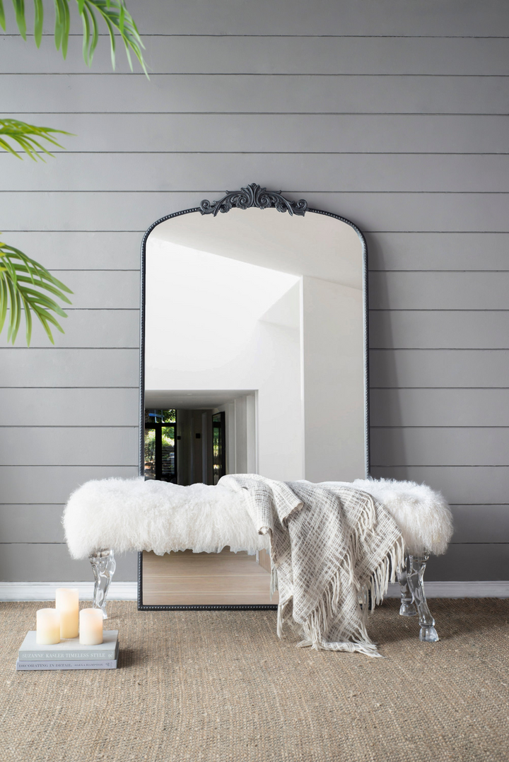 Boho Aesthetic Large Full Length Mirror, Arched Mirror Hanging or Leaning Against Wall, Large Black Mirror for Living Room | Biophilic Design Airbnb Decor Furniture 