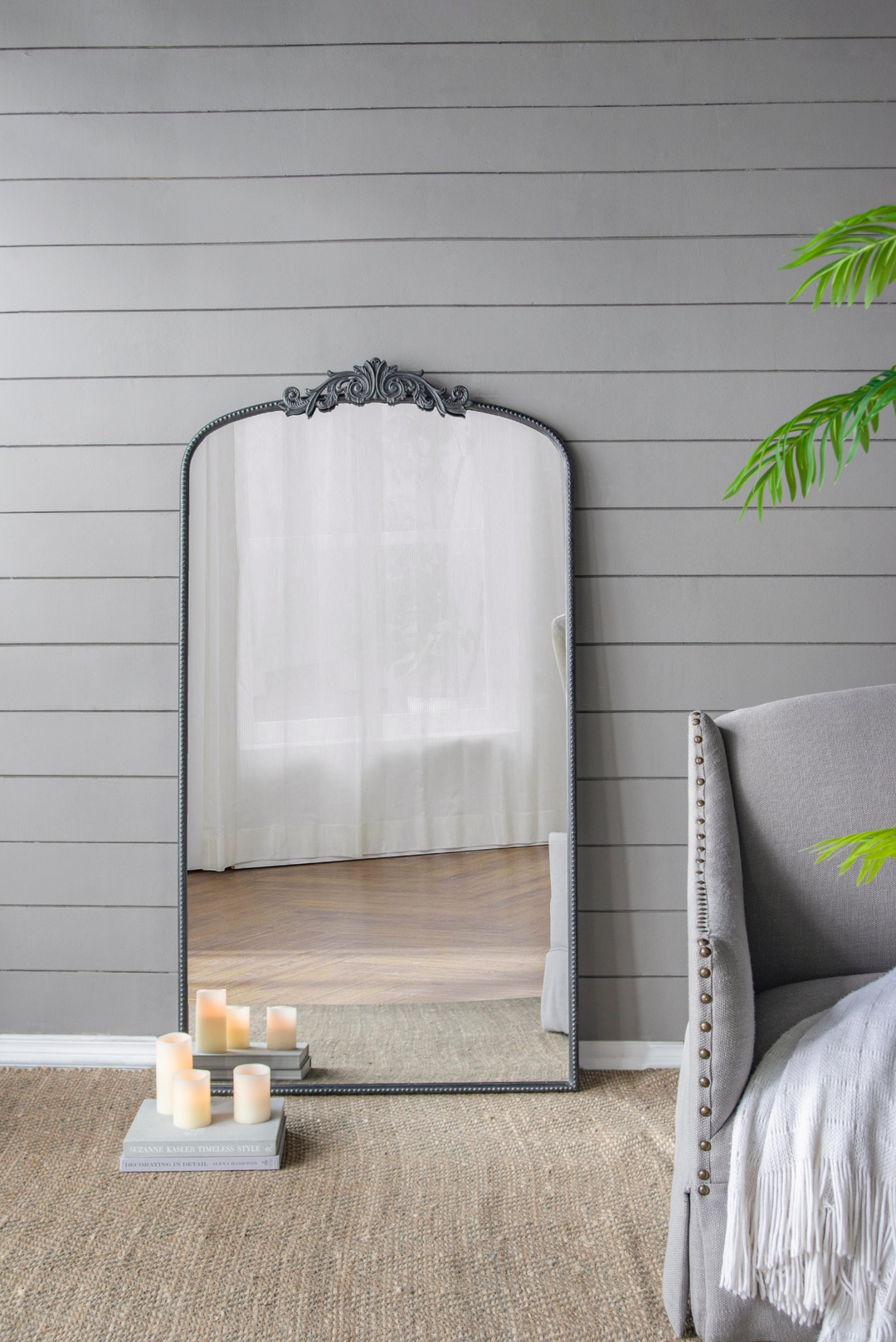 Boho Aesthetic Large Full Length Mirror, Arched Mirror Hanging or Leaning Against Wall, Large Black Mirror for Living Room | Biophilic Design Airbnb Decor Furniture 