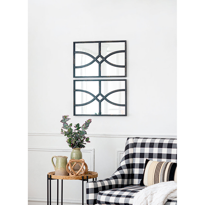 Boho Aesthetic 16" x 23" Rectangular  Wooden Wall Mirror with Antique Black Frame, Vertical or Horizontal Home Decor for Living Room, Set of 2 | Biophilic Design Airbnb Decor Furniture 