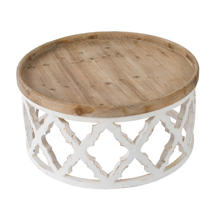 Boho Aesthetic 31.9x31.9x15.7" Rustic Round Wooden Coffee Table, White | Biophilic Design Airbnb Decor Furniture 