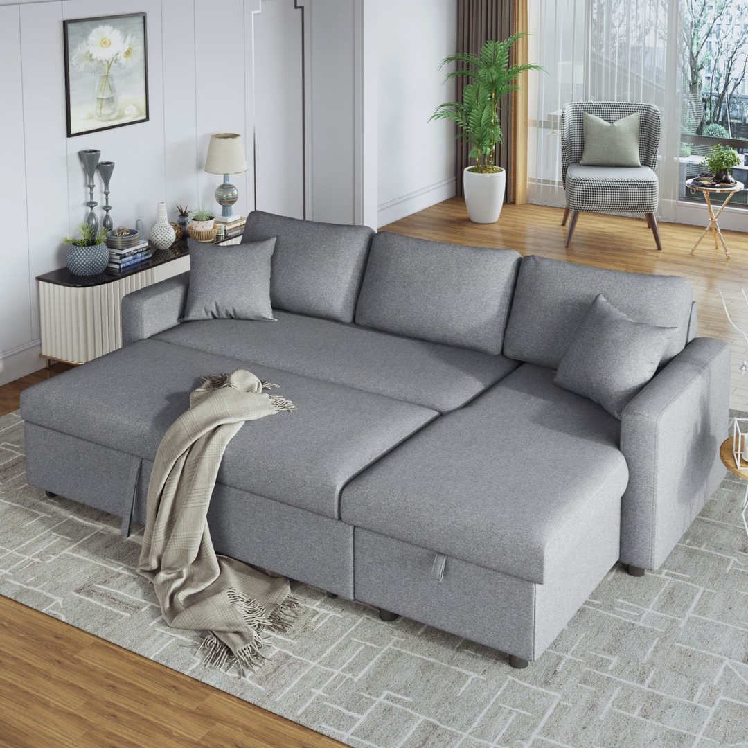 Boho Aesthetic Upholstery  Sleeper Sectional Sofa Grey with Storage Space, 2 Tossing Cushions | Biophilic Design Airbnb Decor Furniture 