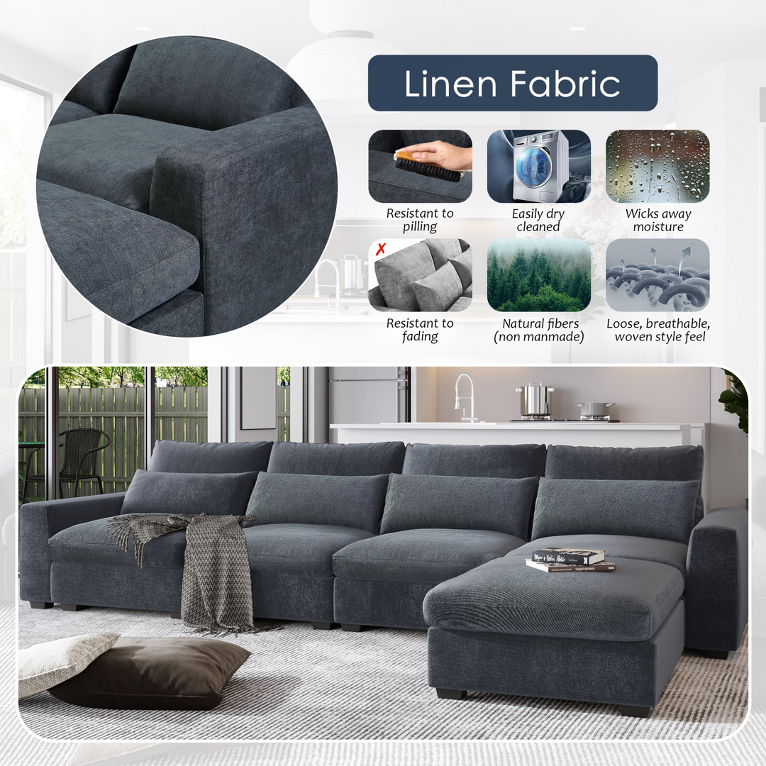 Boho Aesthetic Modern Large L-Shape Feather Filled Sectional Sofa,  Convertible Sofa Couch with Reversible Chaise for Living Room | Biophilic Design Airbnb Decor Furniture 