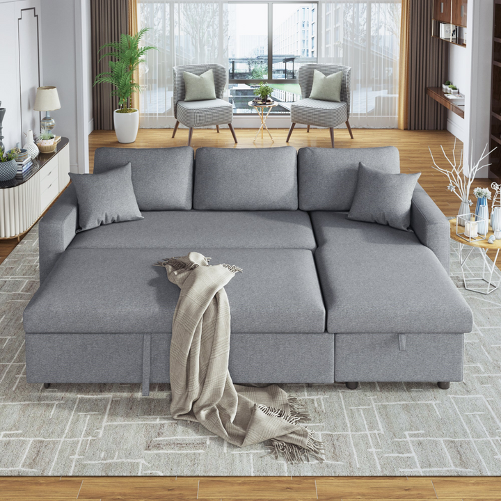 Boho Aesthetic Upholstery  Sleeper Sectional Sofa Grey with Storage Space, 2 Tossing Cushions | Biophilic Design Airbnb Decor Furniture 