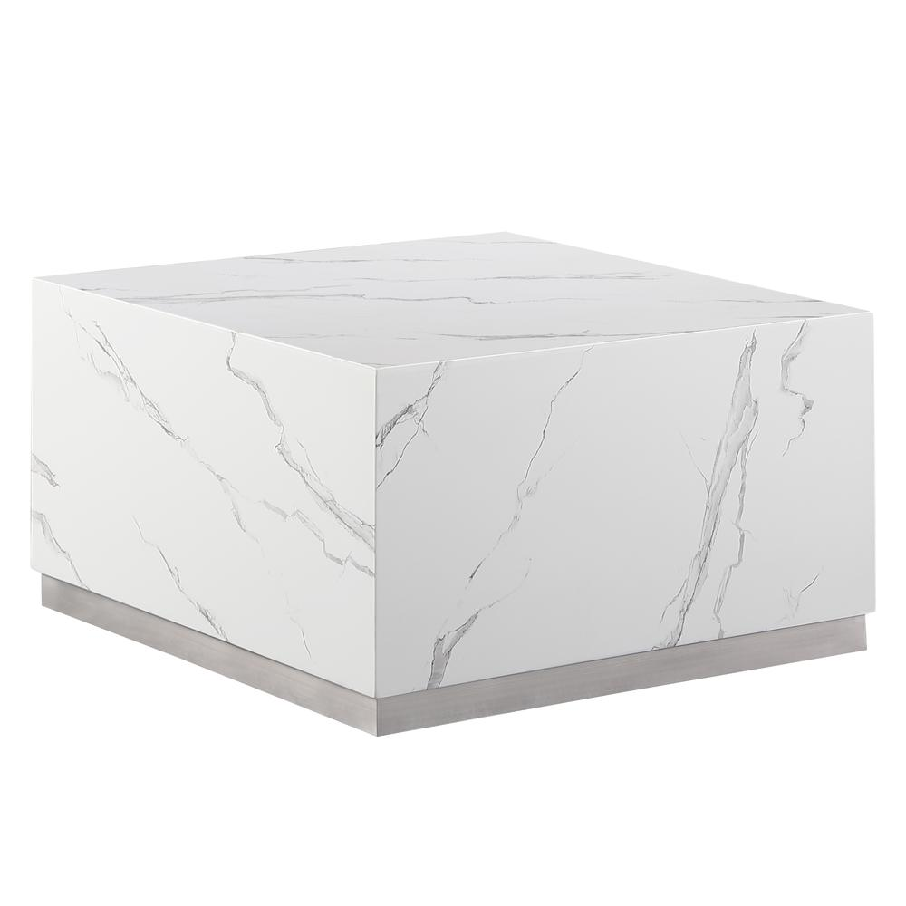 Boho Aesthetic Zhuri Square Faux Marble White Coffee Table in Silver | Biophilic Design Airbnb Decor Furniture 