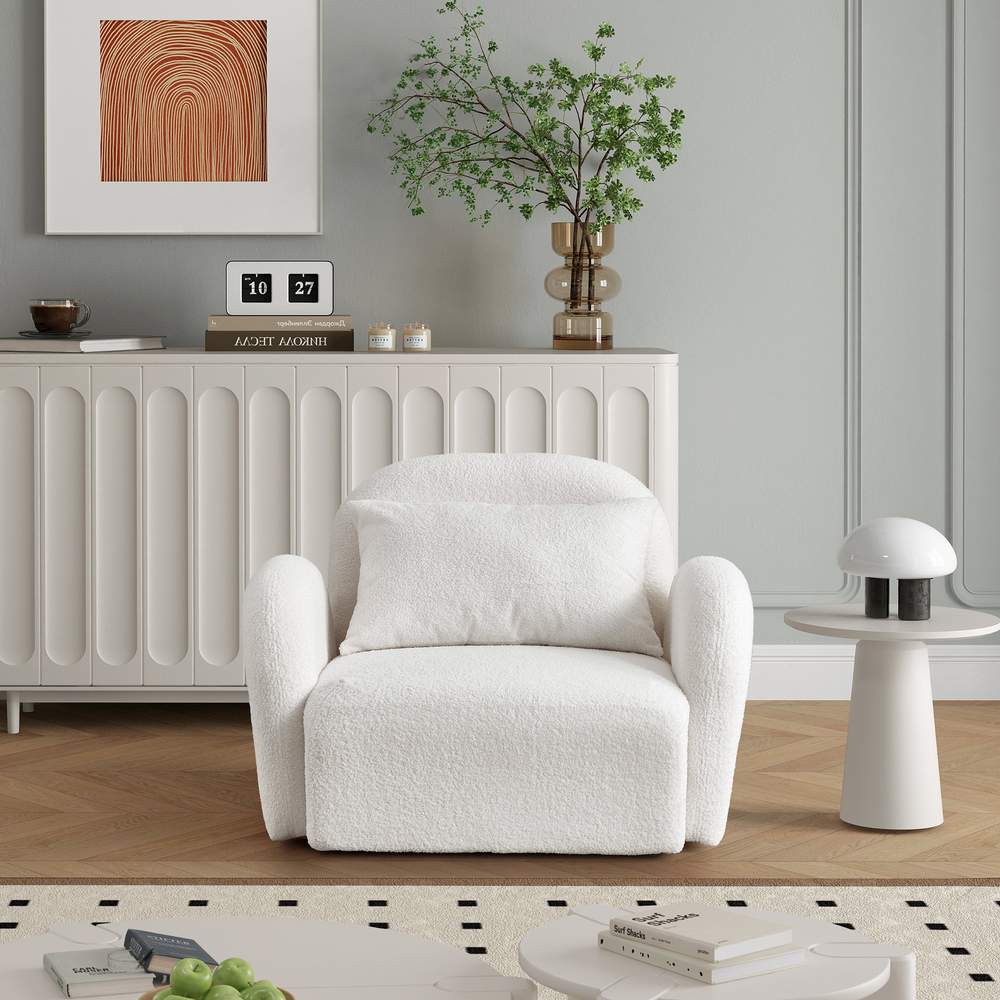 Boho Aesthetic White Modern Luxury Lazy Sofa Chair Teddy Fabric | Biophilic Design Airbnb Decor Furniture 
