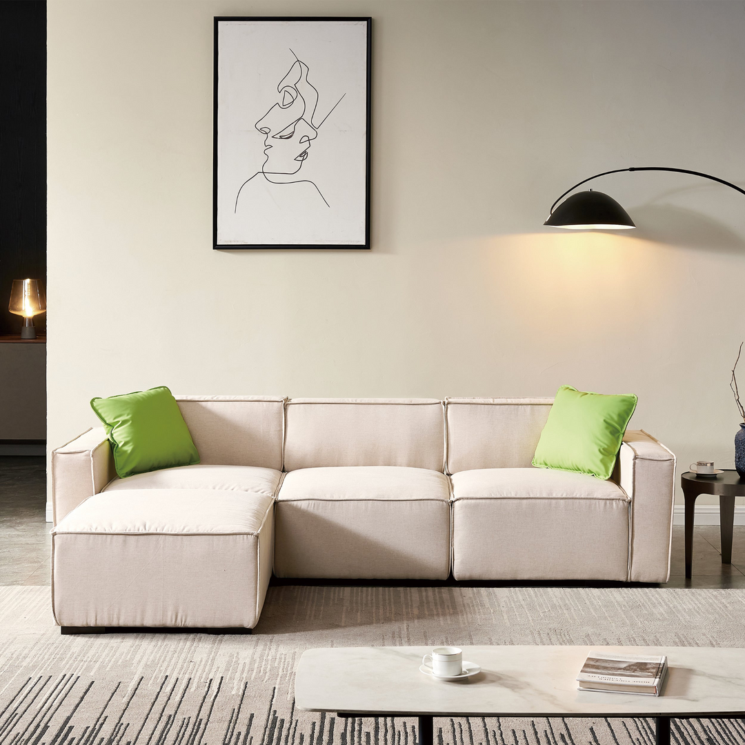 Boho Aesthetic Beige Modular Sofa L Shape with Convertible Ottoman Chaise | Biophilic Design Airbnb Decor Furniture 