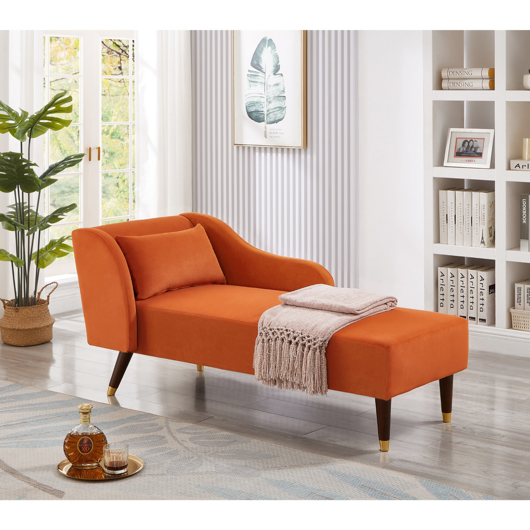 Boho Aesthetic Modern Chaise Lounge Chair Velvet Upholstery (Orange) | Biophilic Design Airbnb Decor Furniture 