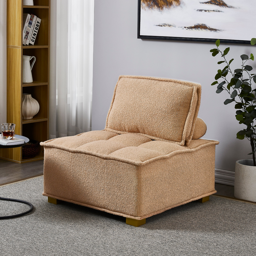 Boho Aesthetic Lazy sofa ottoman with gold wooden legs teddy fabric (Khaki) | Biophilic Design Airbnb Decor Furniture 