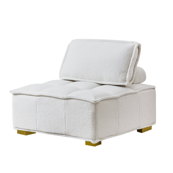 Boho Aesthetic Lille | Modern Luxury White Plush Lazy sofa Ottoman with gold wooden legs | Biophilic Design Airbnb Decor Furniture 