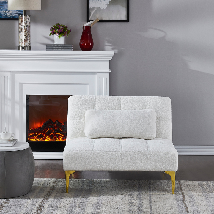Boho Aesthetic La Rouen | White Convertible sofa bed futon with gold metal legs teddy fabric | Biophilic Design Airbnb Decor Furniture 