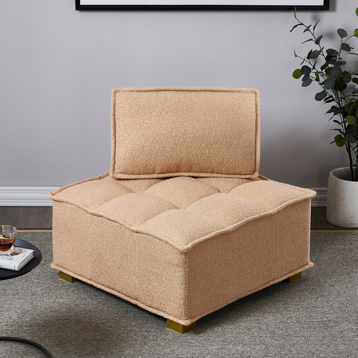 Boho Aesthetic Lazy sofa ottoman with gold wooden legs teddy fabric (Khaki) | Biophilic Design Airbnb Decor Furniture 