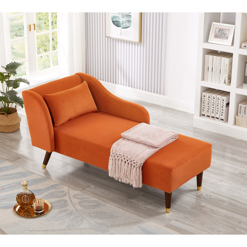 Boho Aesthetic Modern Chaise Lounge Chair Velvet Upholstery (Orange) | Biophilic Design Airbnb Decor Furniture 