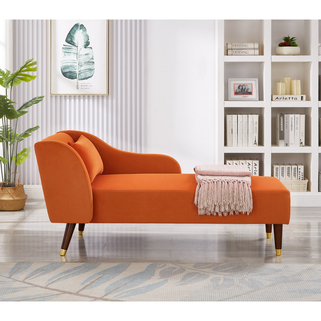 Boho Aesthetic Modern Chaise Lounge Chair Velvet Upholstery (Orange) | Biophilic Design Airbnb Decor Furniture 