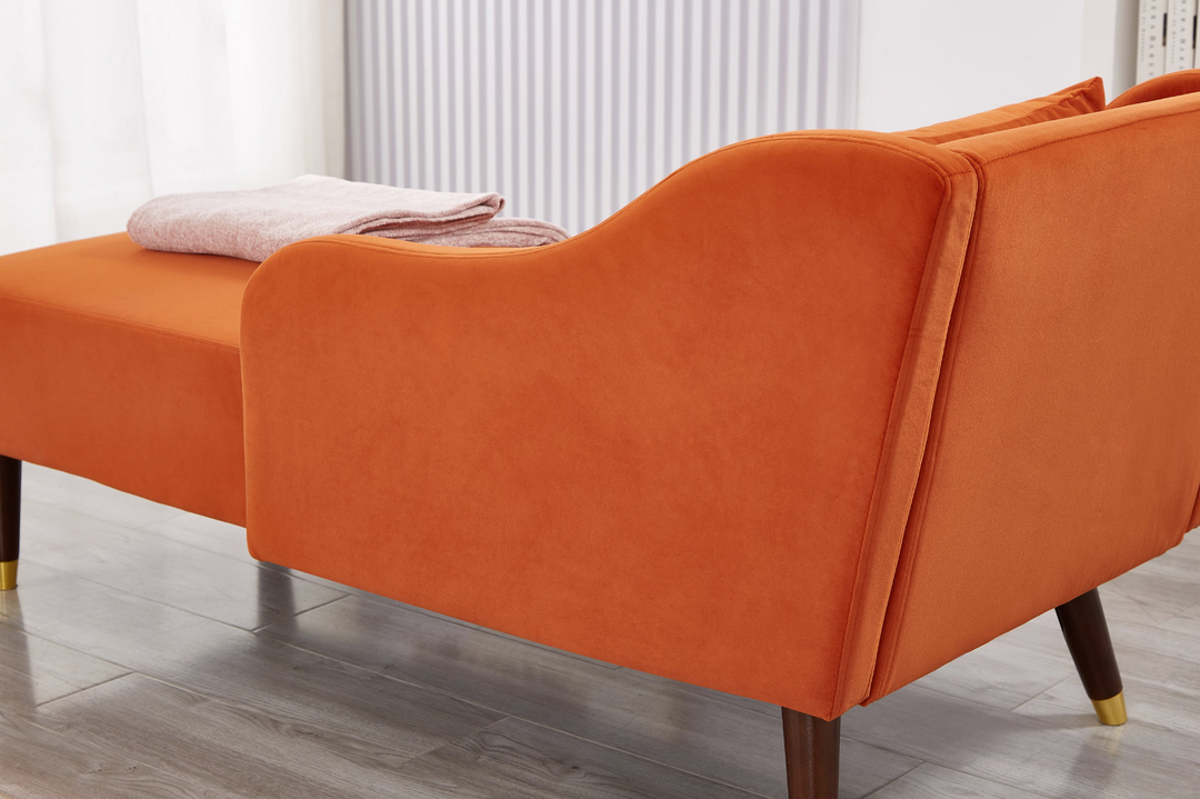 Boho Aesthetic Modern Chaise Lounge Chair Velvet Upholstery (Orange) | Biophilic Design Airbnb Decor Furniture 