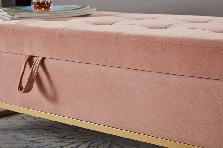 Boho Aesthetic Bed Bench Metal Base with Storage Pink Velvet | Biophilic Design Airbnb Decor Furniture 