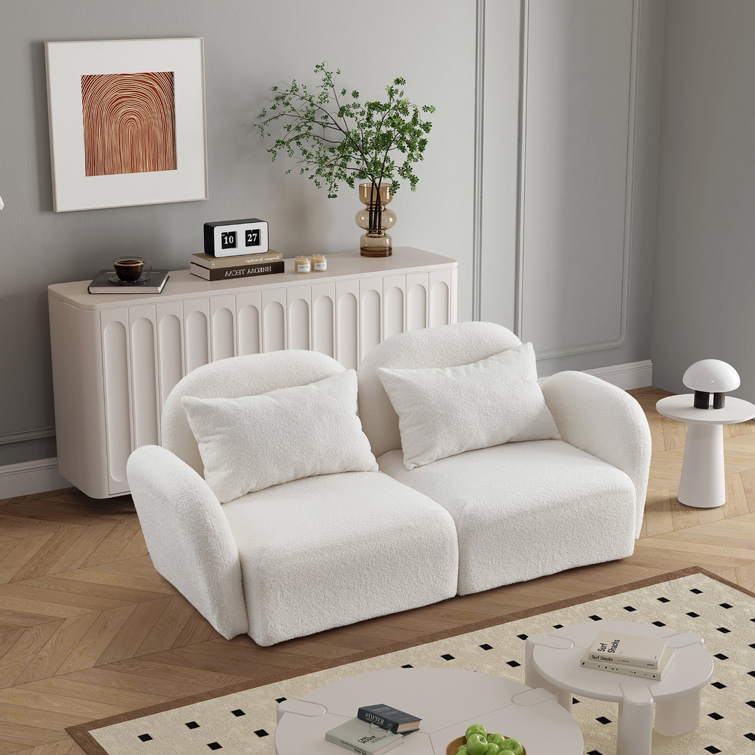 Boho Aesthetic Living Room Furniture Lazy Sofa Loveseat Teddy Fabric White | Biophilic Design Airbnb Decor Furniture 