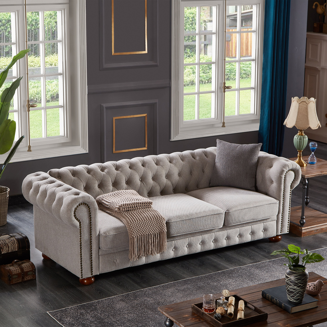 Boho Aesthetic Chesterfield Modern Italian Sofa (Light Grey) | Biophilic Design Airbnb Decor Furniture 