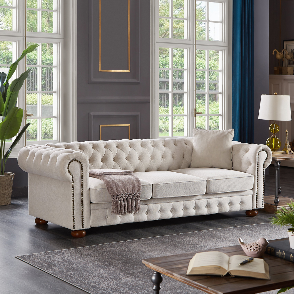 Boho Aesthetic Chesterfield Modern Italian Beige sofa beige linen fabric | Biophilic Design Airbnb Decor Furniture 