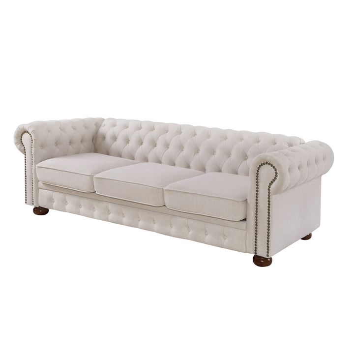 Boho Aesthetic Chesterfield Modern Italian Beige sofa beige linen fabric | Biophilic Design Airbnb Decor Furniture 