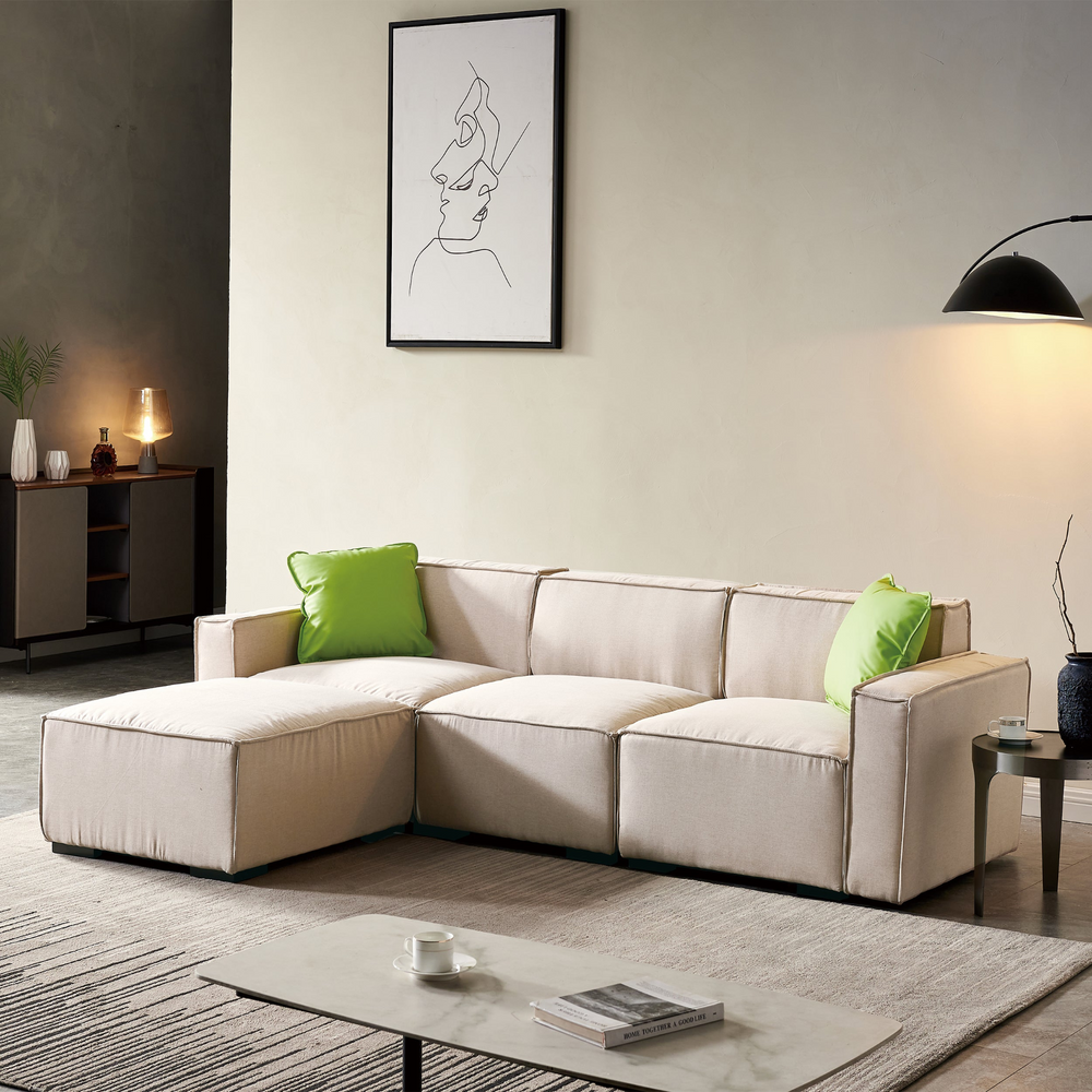 Boho Aesthetic Beige Modular Sofa L Shape with Convertible Ottoman Chaise | Biophilic Design Airbnb Decor Furniture 
