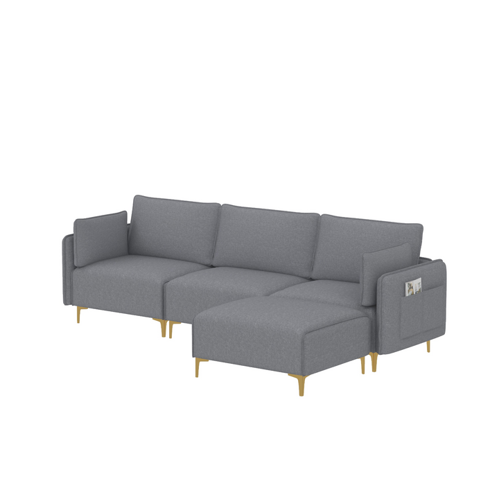 Boho Aesthetic L Shape Sectional Sofa with USB Grey Fabric | Biophilic Design Airbnb Decor Furniture 