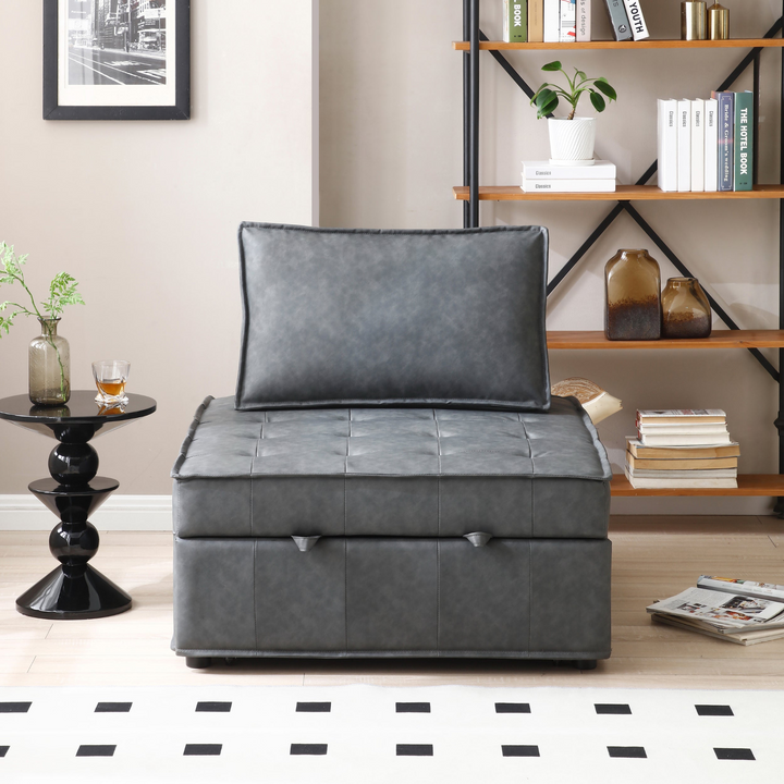 Boho Aesthetic Multipurpose Faux Leather Ottoman Lazy Chair Pulling Out Sofa Bed (Dark Grey) | Biophilic Design Airbnb Decor Furniture 