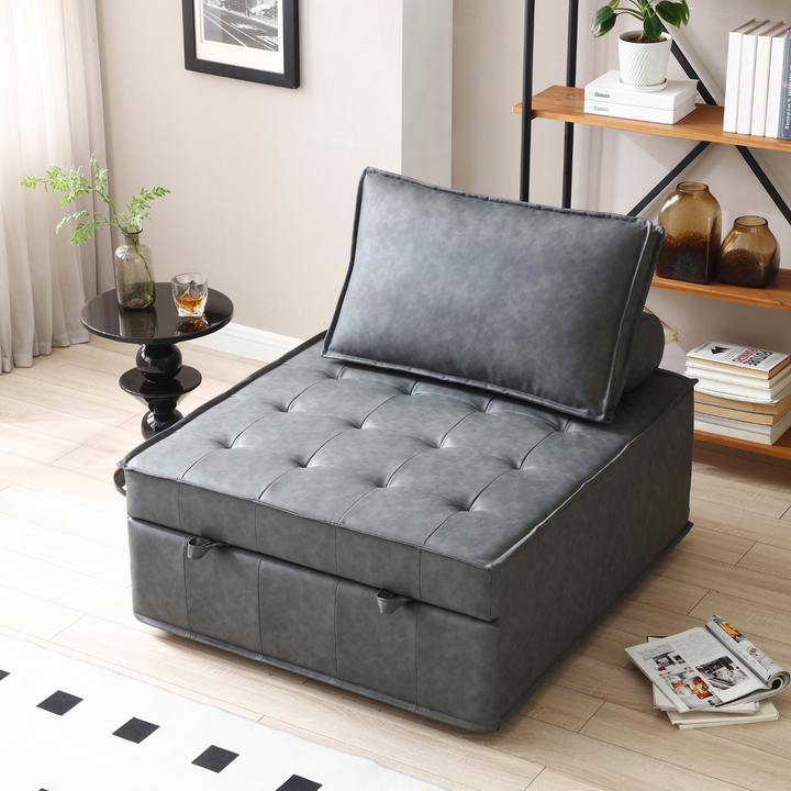 Boho Aesthetic Multipurpose Faux Leather Ottoman Lazy Chair Pulling Out Sofa Bed (Dark Grey) | Biophilic Design Airbnb Decor Furniture 