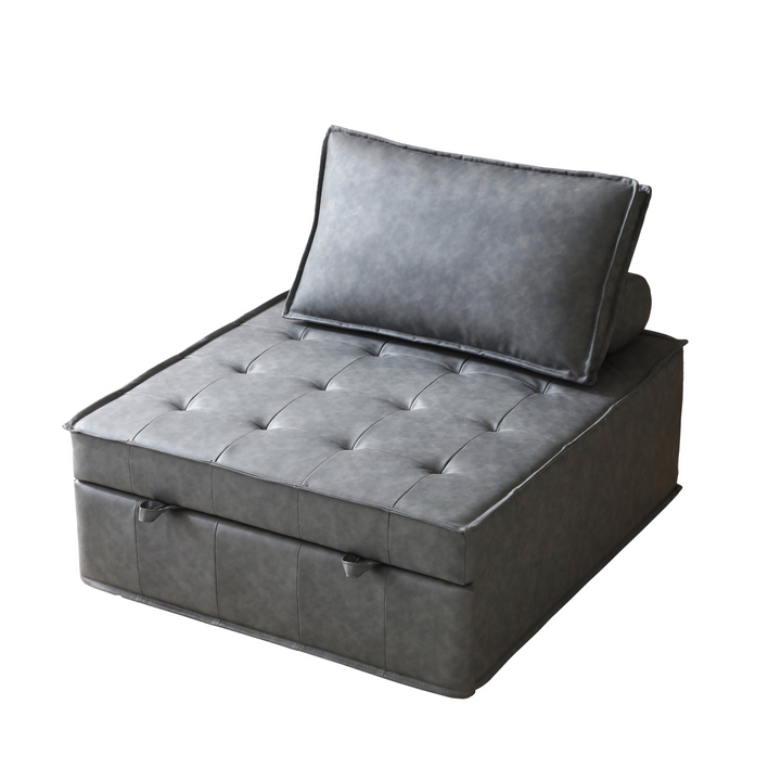 Boho Aesthetic Multipurpose Faux Leather Ottoman Lazy Chair Pulling Out Sofa Bed (Dark Grey) | Biophilic Design Airbnb Decor Furniture 