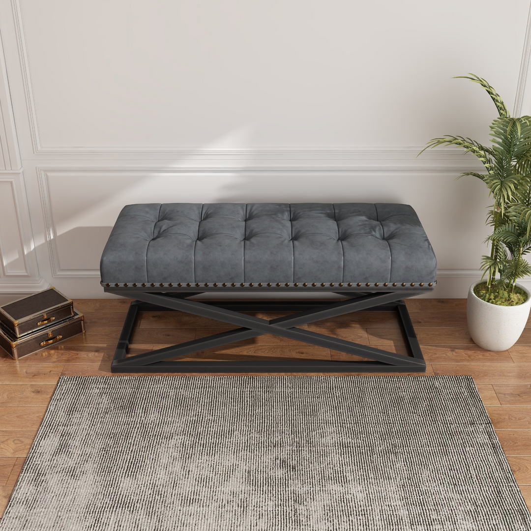 Boho Aesthetic Retro Metal Base with Vintage Vegan Leather Bed Bench (Dark grey) | Biophilic Design Airbnb Decor Furniture 