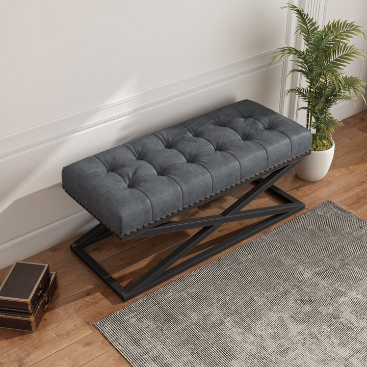 Boho Aesthetic Retro Metal Base with Vintage Vegan Leather Bed Bench (Dark grey) | Biophilic Design Airbnb Decor Furniture 