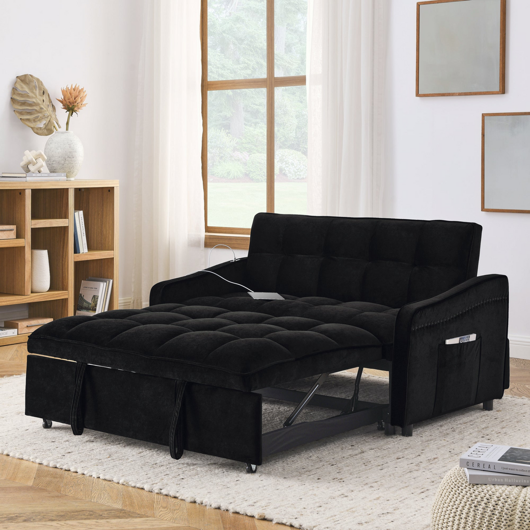 Boho Aesthetic Adjustable Back and Two Arm Pocket Modern Black Loveseats Sofa Bed with Pull-out Bed | Biophilic Design Airbnb Decor Furniture 